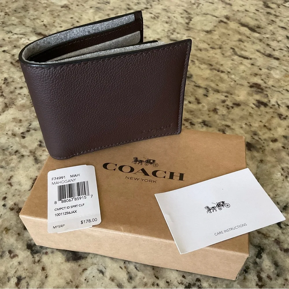 NWT Coach Compact ID Sport Calf Leather Mahogany F74991